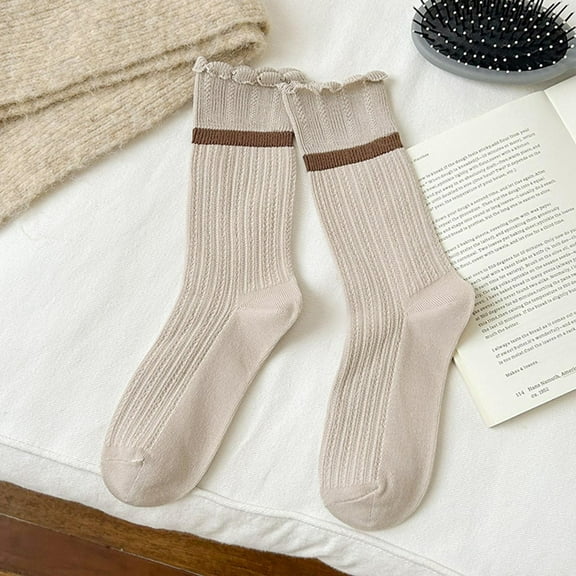 Viluyesy Womens Mid-Tube Socks, Stretch Comfort Ruffles Cut Cotton Fashion Breathable Crew Socks Khaki