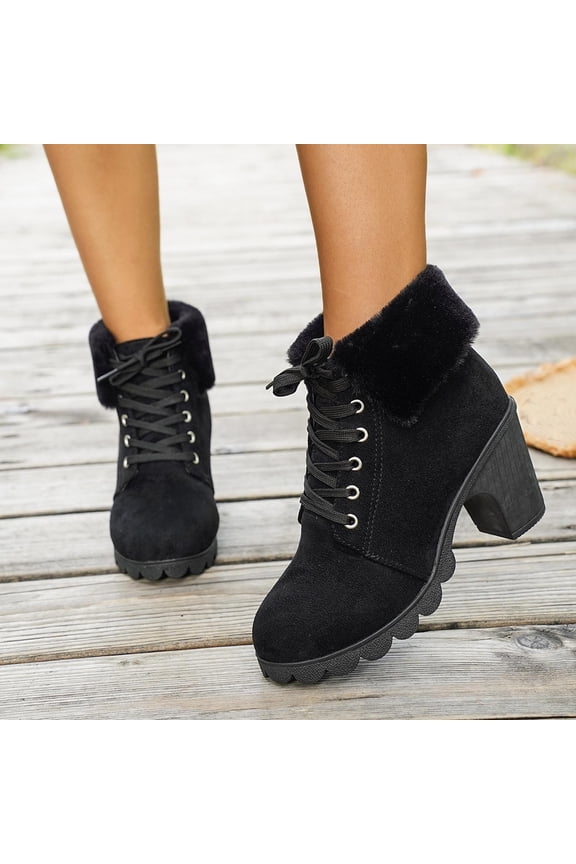 Womens Moto Boots, Lace-Up Round Toe Chunky Heels Winter Warm Mid Calf Boots Black