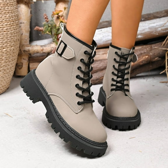 Viluyesy Womens Moto Boots, Lace Up Round Toe Thick Sole Casual Fashion Mid Calf Booties Gray US8.5