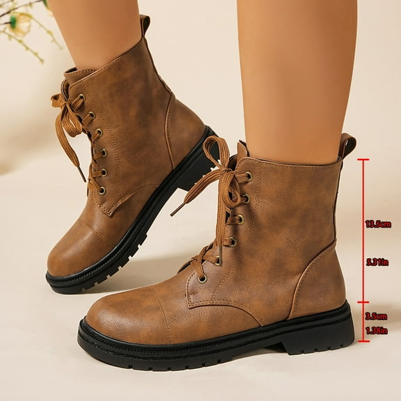 Viluyesy Womens Moto Boots, Round Toe Low Heels Lace Up Fashion Mid Calf Combat Boots Brown US5.5