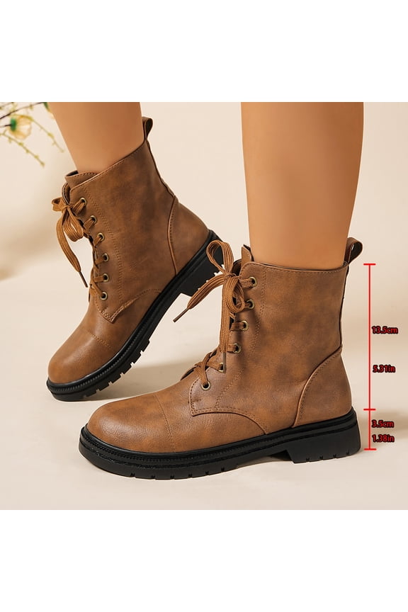 Womens Moto Boots, Round Toe Low Heels Lace Up Fashion Mid Calf Combat Boots Brown US5.5