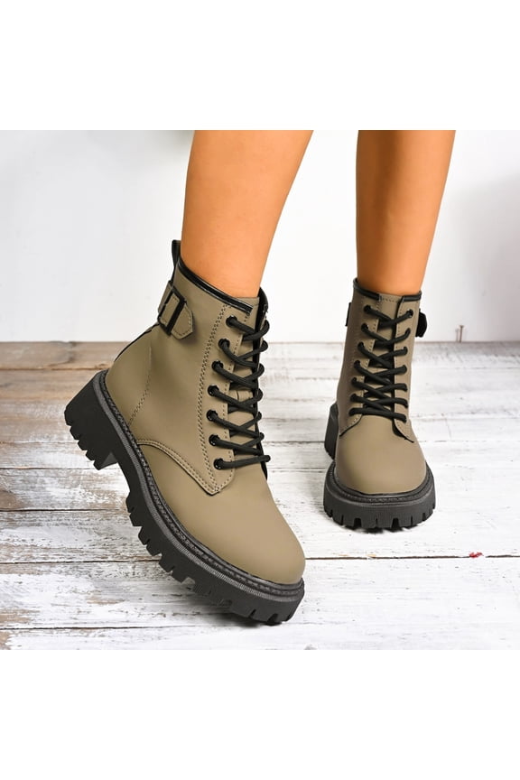 Womens Moto Boots, Thick Sole Lace Up Round Toe Casual Fashion Mid Calf Booties Army Green US7