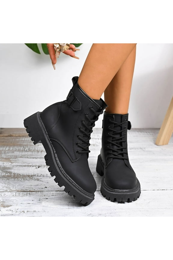 Womens Moto Boots, Thick Sole Lace Up Round Toe Casual Fashion Mid Calf Booties Black US7.5