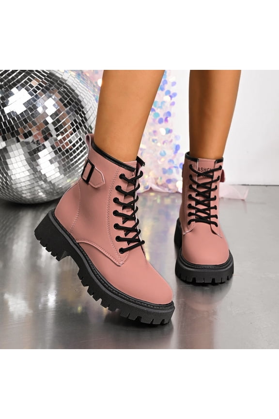 Womens Moto Boots, Thick Sole Lace Up Round Toe Casual Fashion Mid Calf Booties Pink US7.5