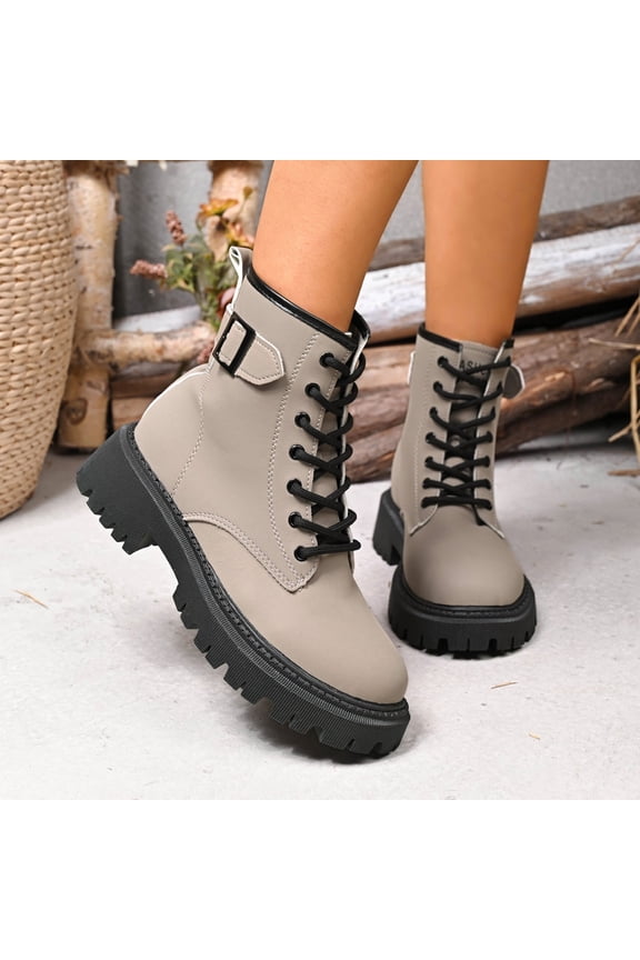 Womens Moto Boots, Thick Sole Round Toe Lace Up Casual Fashion Mid Calf Booties Gray US6