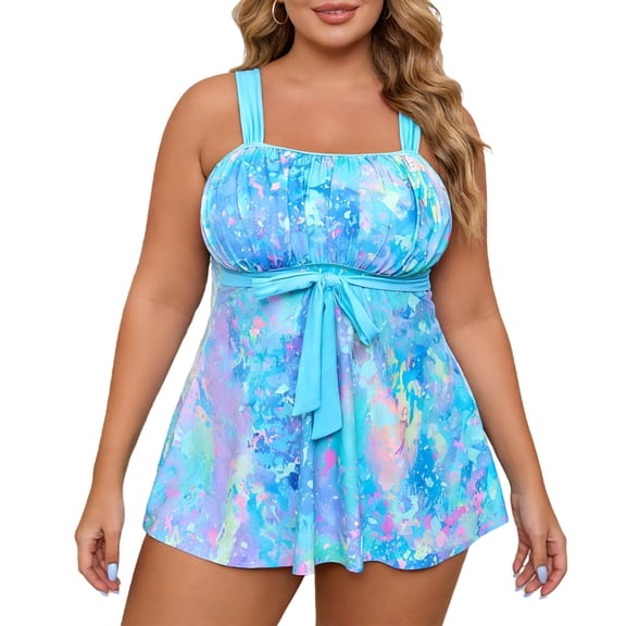 Viluyesy Womens One Piece Swimsuit, Plus Size Tummy Control Flowy Swim Dress Summer Beach Bathing Suit Light Blue 2XL