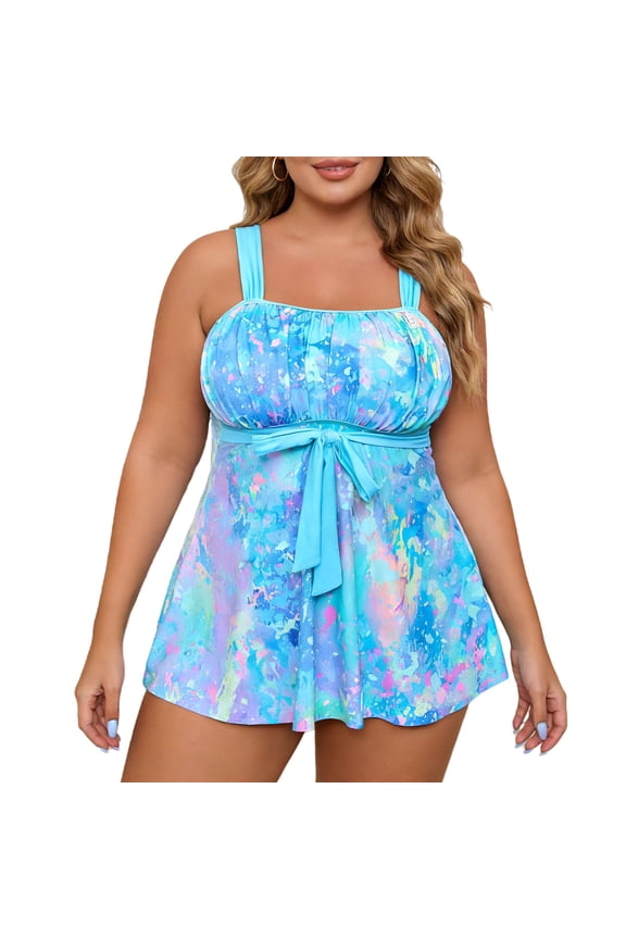 Womens One Piece Swimsuit, Tummy Control Flowy Swim Dress Plus Size Summer Beach Bathing Suit Light Blue 4XL