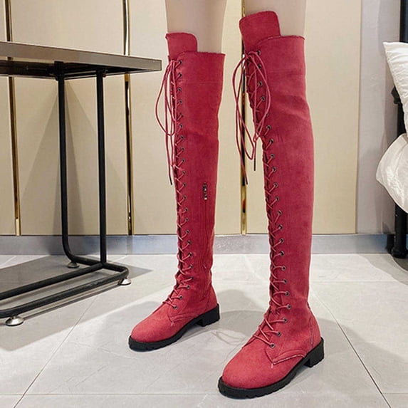 Viluyesy Womens Over The Knee Boots Round Toe Block Heel Faux Suede Lace Up Side Zipper Lug Sole Casual Street Boots Hot Pink Size US7