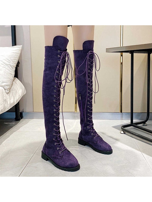 Womens Over The Knee Boots Round Toe Block Heel Faux Suede Lace Up Side Zipper Lug Sole Casual Street Boots Purple Size US6.5