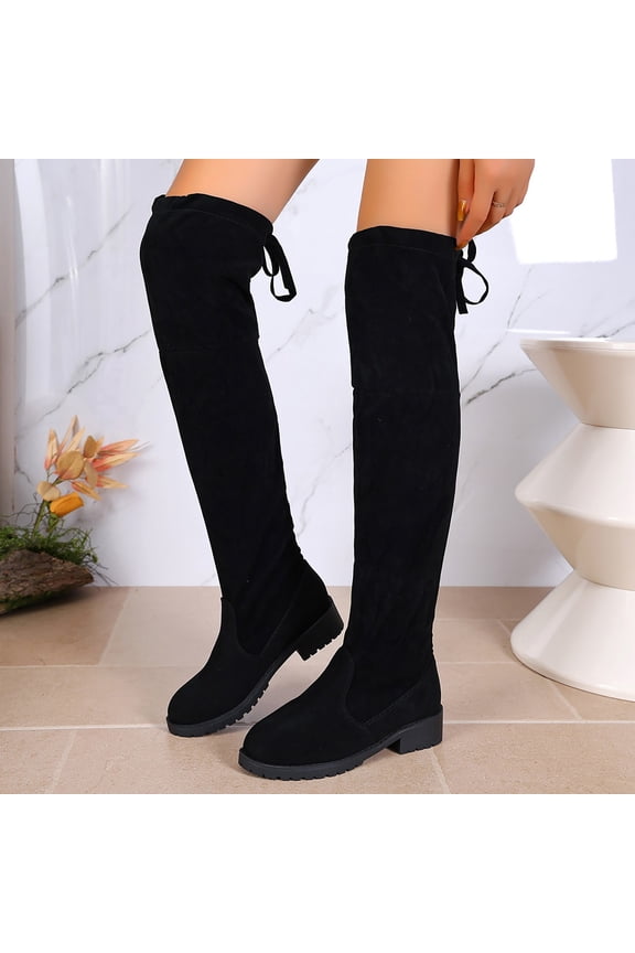 Womens Over The Knee Boots Round Toe Low Block Lug Heel Faux Suede Drawstring Tie Slim Stretch Street Daily Boots Black Size 8