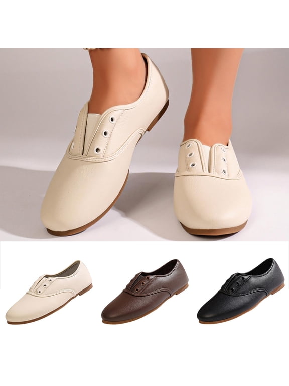Womens Oxford Shoes Round Toe Faux Leather Eyelet V Cut Slip On Lightweight Breathable Daily Casual Walking Comfort Flats Beige Size US7.5