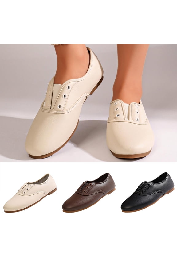 Womens Oxford Shoes Round Toe Faux Leather Eyelet V Cut Slip On Lightweight Breathable Daily Casual Walking Comfort Flats Brown Size US7.5