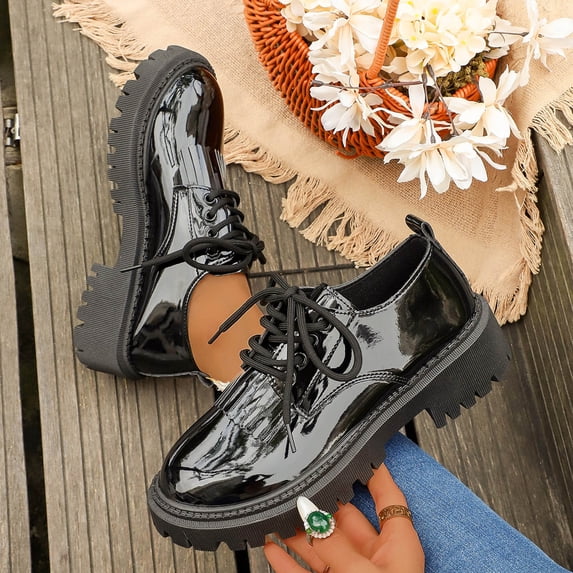 Viluyesy Womens Oxfords Lace-up Comfortable Chunky Platform Non Slip Round Toe Casual Walking Work Flats Black Size 6