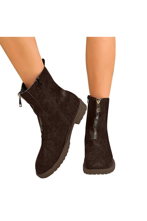 Womens PU Leather Mid Calf Boots, Front Zipper Thicken Heels Round Toe Fashion 2025 Moto Boots Coffee US5.5