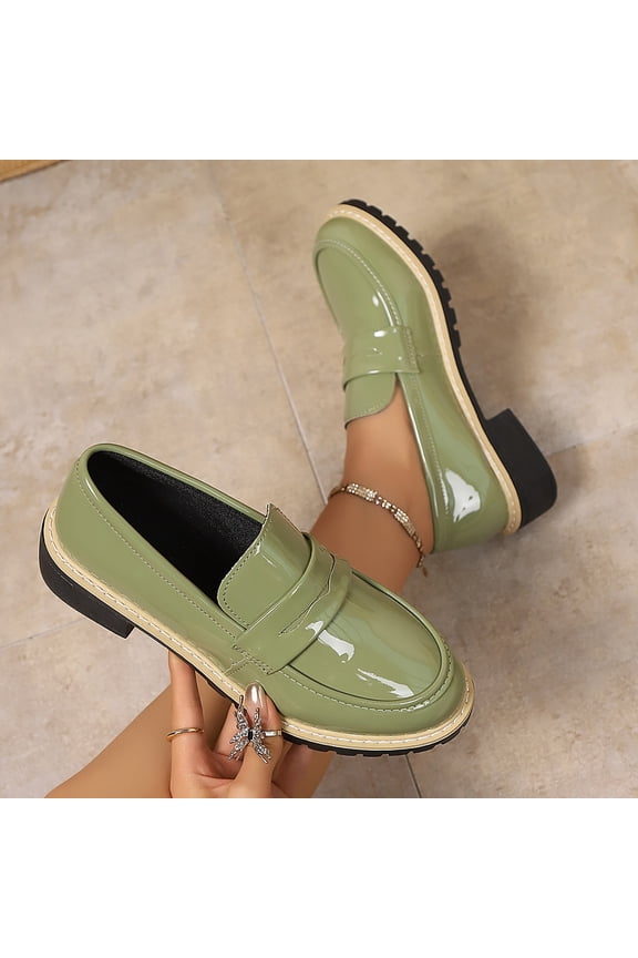 Womens Patent Leather Loafers, Chunky Sole Slip-On Comfortable Casual & Dressy Business Penny Shoes Army Green US6