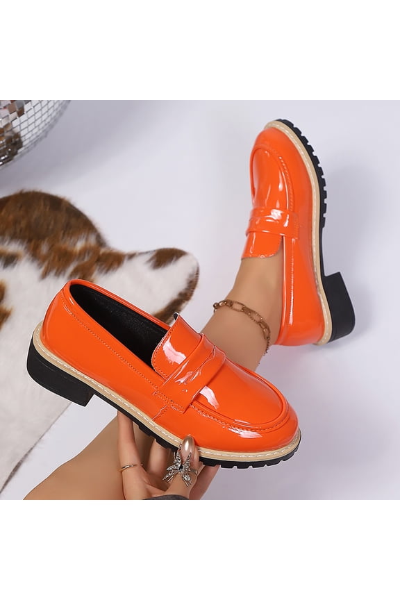 Womens Patent Leather Loafers, Comfortable Chunky Sole Slip-On Casual & Dressy Business Penny Shoes Orange US9.5