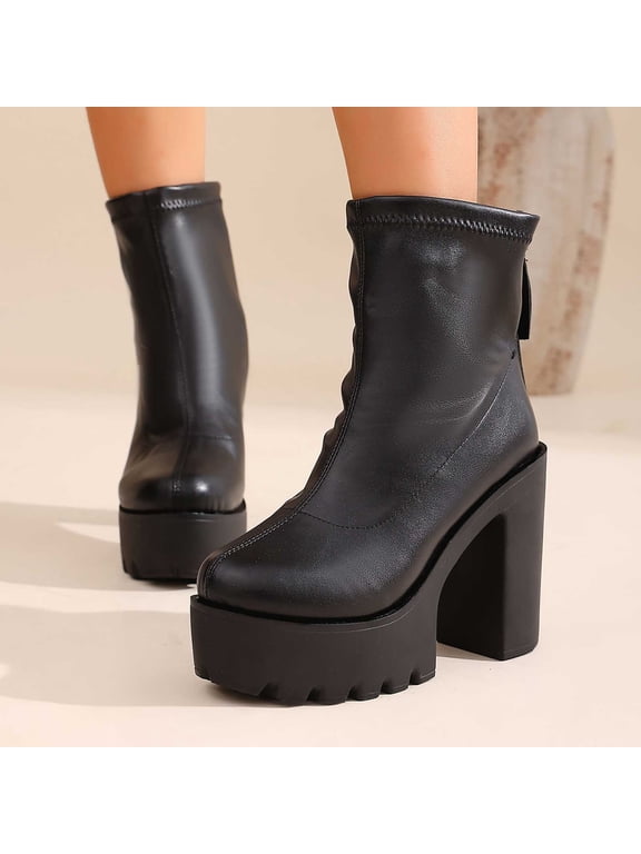 Womens Platform Ankle Boots Chunky Block High Heel Lug Sole Side Zipper Comfortable Casual Shoes Black Size 7.5