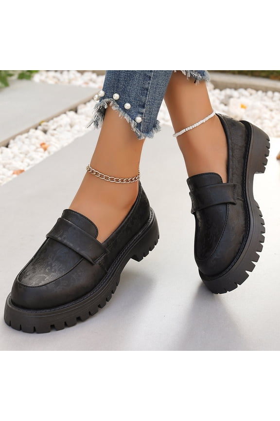 Womens Platform Loafers, Floral Leather Lug Sole Slip-On Casual & Dressy Business Outfit Shoes Black US7