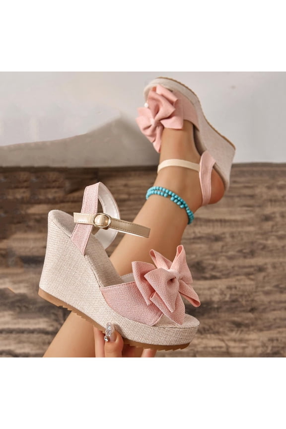 Womens Platform Sandals, Ankle Strap Fashion Bow Peep Toe Summer Dressy Espadrilles Wedge Shoes Pink US6.5