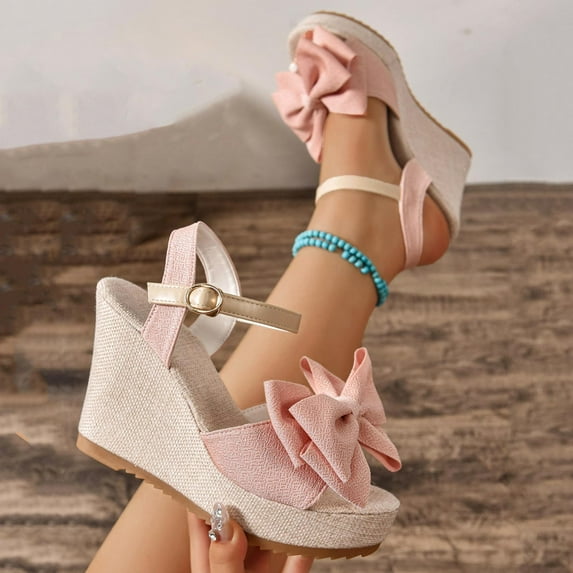 Viluyesy Womens Platform Sandals, Ankle Strap Fashion Bow Peep Toe Summer Dressy Espadrilles Wedge Shoes Pink US8.5