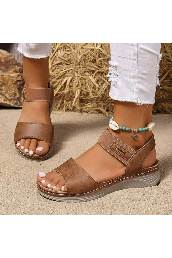 Womens Platform Sandals, Ankle Strap Wide Width Open Toe Summer Comfortable Shoes Brown