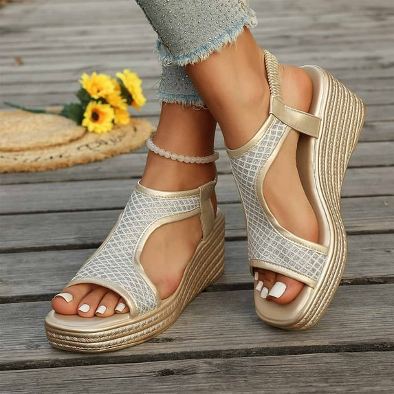 Viluyesy Womens Platform Sandals, Elastic Strap Peep Toe Slingback Summer Breathable Comfort Wedge Shoes Gold US6