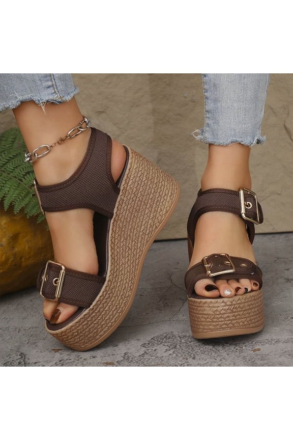 Womens Platform Sandals, Thick Heel Ankle Buckle Open Toe Summer Casual Espadrilles Shoes Coffee