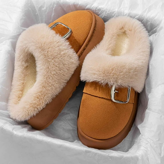 Viluyesy Womens Platform Slippers, Fleece Lining Non-Slip Soft Sole Cozy Warm Winter Fuzzy Suede Indoor Shoes Khaki
