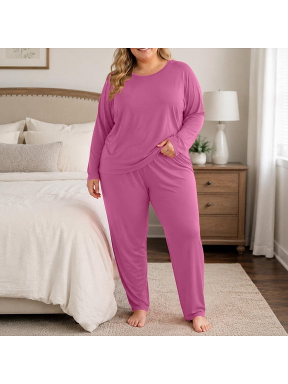 Womens Plus Size Pajama Sets 2 Piece Knit Loungewear Long Sleeve Crew Neck Straight Leg Elastic Waist Soft Basic Sleep Pjs Purple Size 3XL