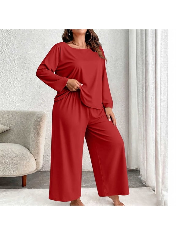Womens Plus Size Pajama Sets 2 Piece Knit Loungewear Long Sleeve Round Neck Wide Leg Elastic Waist Soft Sleep Pjs Red Size XL