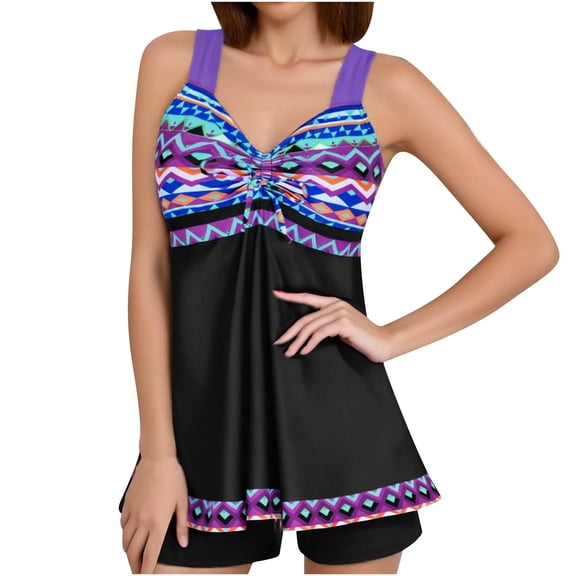 Viluyesy Womens Plus Size Swimsuits, Retro Print Loose Tankini Tops and Stretch Shorts Two Piece Bathing Suits Purple 4XL