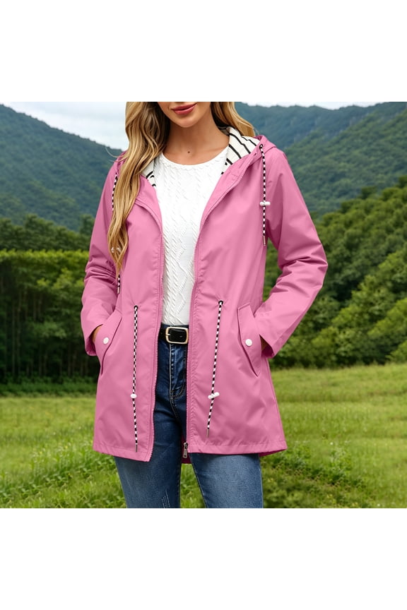Womens Plus Size Waterproof Jacket Hooded Drawstring Waist Midi Length Lined Windbreaker Outdoor Coat Pink Size 5XL