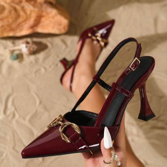 Viluyesy Womens Pumps Stiletto Pointed Toe Metal Buckle Slip On Dressy Comfortable Party Wedding Shoes Wine Size 9