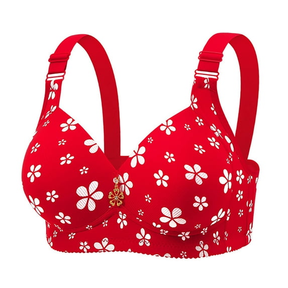 Viluyesy Womens Push Up Bra, Adjustable Strap Full Coverage Floral Prints Supportive Underwear Red S-3XL