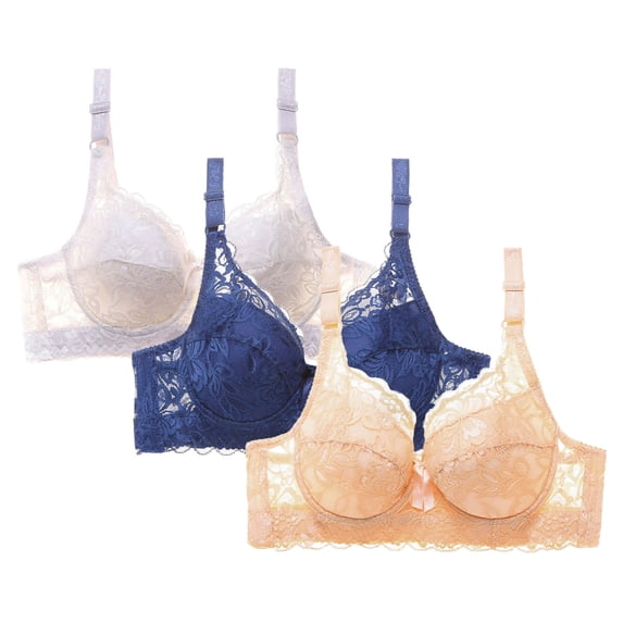 Viluyesy Womens Push Up Bras 3-Pack, Adjustable Strap Lace Comfortable Full Coverage Everyday Underwear Blue S-4XL