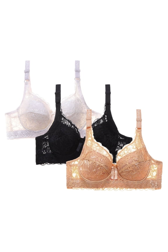Womens Push Up Bras 3-Pack, Lace Comfortable Full Coverage Adjustable Strap Everyday Underwear Black S-4XL