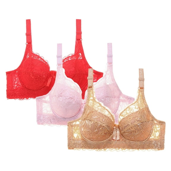 Viluyesy Womens Push Up Bras 3-Pack, Plus Size Full Coverage Lace Breathable Everyday Comfort Underwear Pink S-4XL