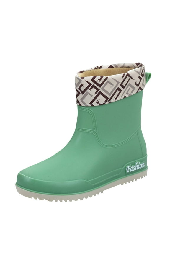 Womens Rain Boots with Fleece Lined, Anti-Slip Wide Calf Waterproof Rubber Outdoor Mid Rainboots Green US7