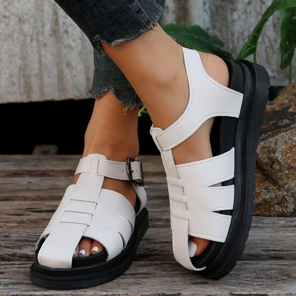 Viluyesy Womens Roman Sandals, Ankle Buckle Closed Toe Soft Sole Summer Casual Flat Shoes White
