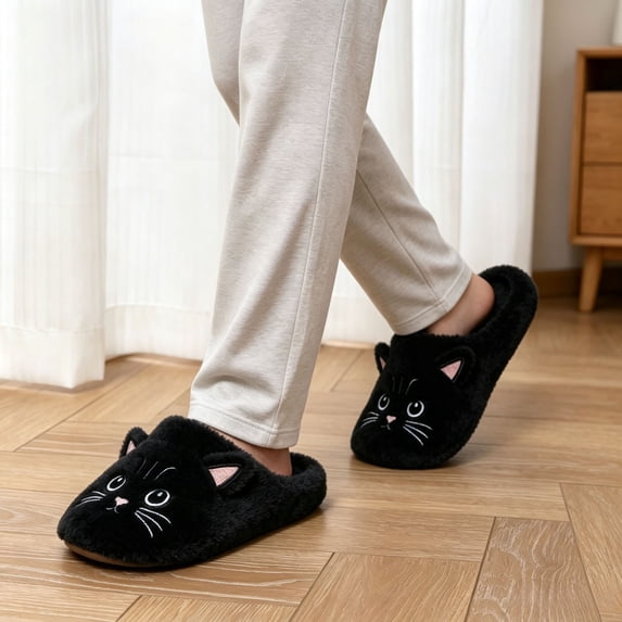 Viluyesy Womens Scuff Slippers Curly Fleece Cartoon Cat Embroidery Lined Closed Toe Non Slip Warm Cute House Slides Black Size 11