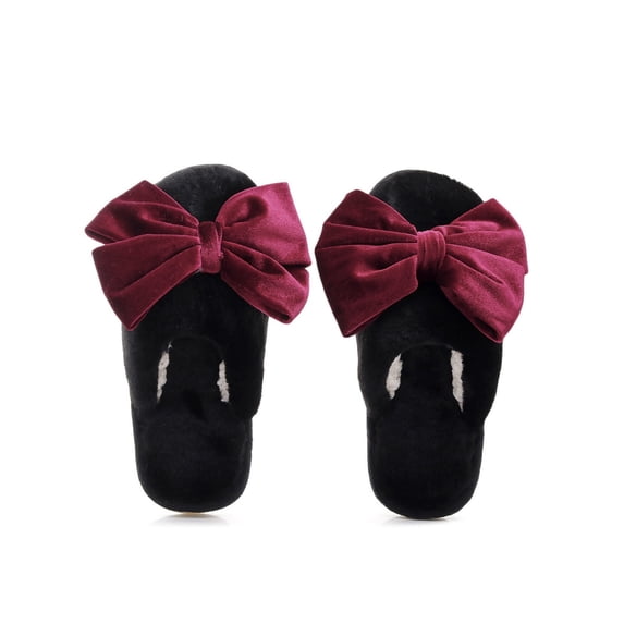 Viluyesy Womens Scuff Slippers Fuzzy Plush Big Bow Closed Toe Non Slip Warm Cute Indoor House Slides Black Size 5.5-6