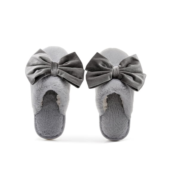 Viluyesy Womens Scuff Slippers Fuzzy Plush Big Bow Closed Toe Non Slip Warm Cute Indoor House Slides Gray Size 6.5-7