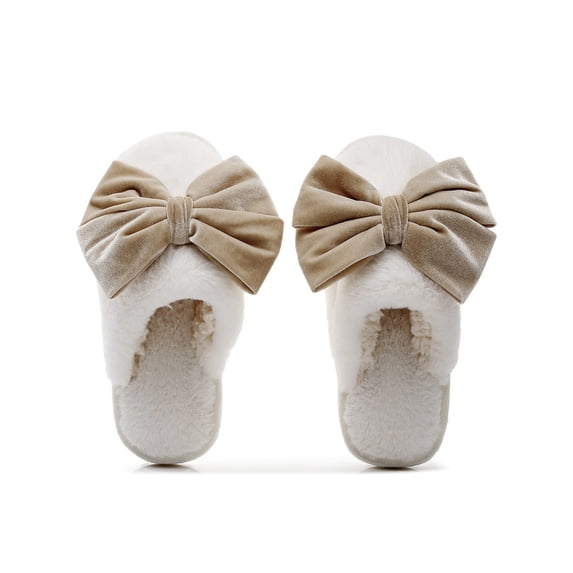 Viluyesy Womens Scuff Slippers Fuzzy Plush Big Bow Closed Toe Non Slip Warm Cute Indoor House Slides White Size 7.5-8.5
