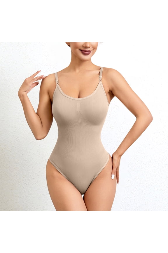 Womens Sculpting Bodysuit, Tummy Control Adjustable Strap Seamless Slim Fit High Compression Full Bodysuit Khaki L