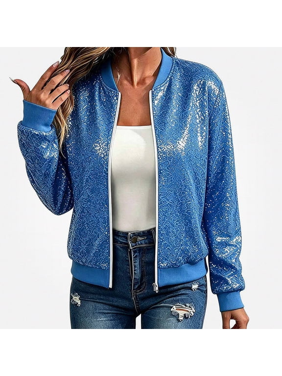 Womens Sequin Jacket Zip Up Glitter Bomber Long Sleeve Sparkle Party Coat Light Blue Size L