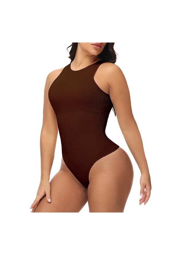 Womens Shapewear Bodysuit, Crew Neck Seamless Tight Fit High Compression Tummy Control Comfortable Jumpsuit Brown L