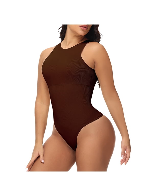 Womens Shapewear Bodysuit, Crew Neck Seamless Tight Fit High Compression Tummy Control Comfortable Jumpsuit Brown L
