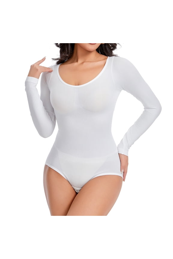 Womens Shapewear, Tight Fit Long Sleeve Tummy Control Scoop Neck Bodysuit White 2XL