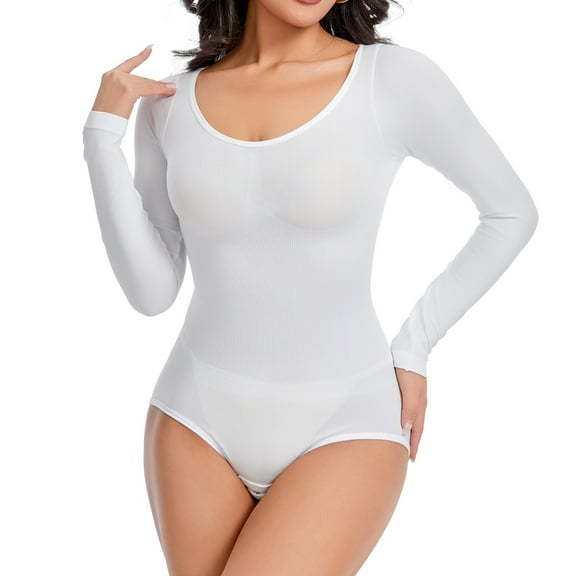 Viluyesy Womens Shapewear, Tummy Control Tight Fit Long Sleeve Scoop Neck Bodysuit White S