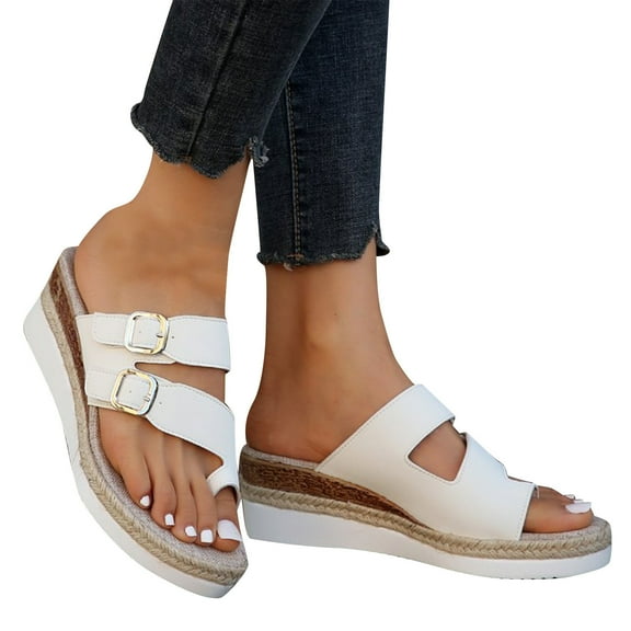 Viluyesy Womens Slide Sandals, Arch Support Slope Heel Strappy Toe Casual Wedge Shoes White